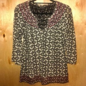Lucky 3/4 Sleeve Black Patterned Blouse, Sz L